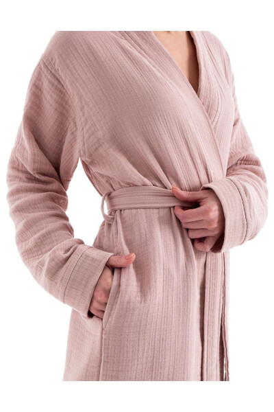 Pudra Unisex Kimono Müslin Bornoz - %100 Pamuklu & Yumuşak Bornoz - Pudra - 5