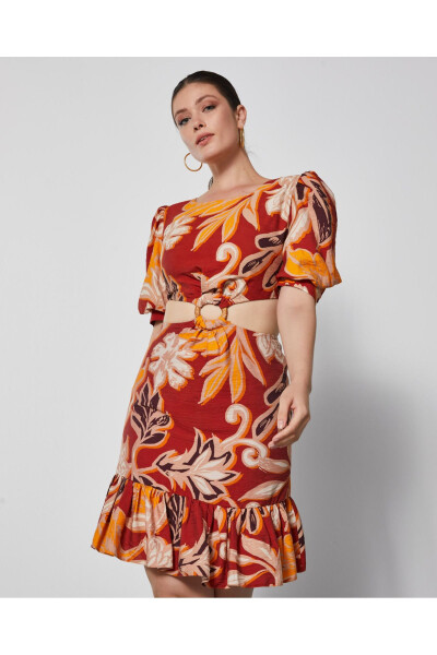 Puff Sleeve Waist Window Buckle Detail Terracotta Floral Dress 37033 - SERPIL
