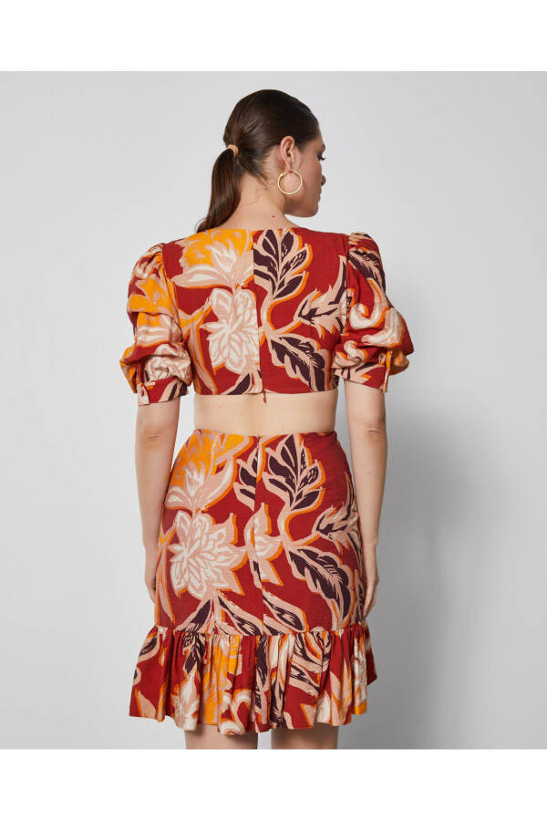 Puff Sleeve Waist Window Buckle Detail Terracotta Floral Dress 37033 - 2