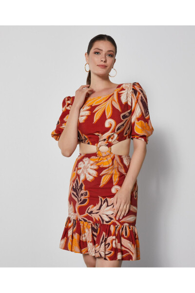 Puff Sleeve Waist Window Buckle Detail Terracotta Floral Dress 37033 - 3
