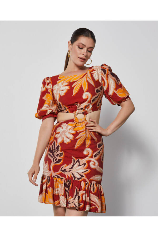 Puff Sleeve Waist Window Buckle Detail Terracotta Floral Dress 37033 - 4