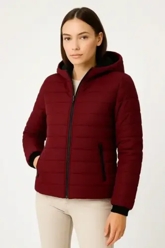 Puffer Hooded Zipped Coat Water Repellent Quilted Lined Fabric Pockets Winter Comfort Fit - Burgundy - 3