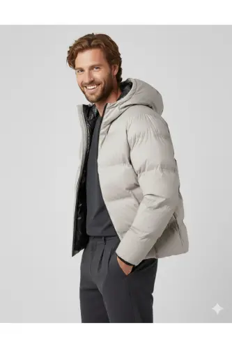 PUFFER JACKET Erkak Shishirma Mont Cream Beige-Krem Bej - 3