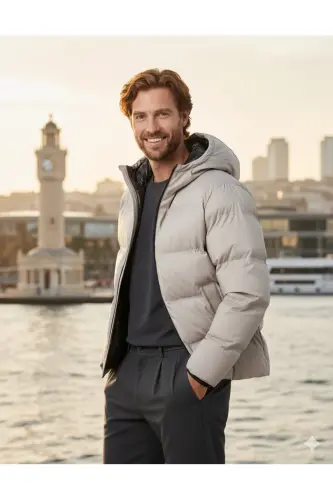 PUFFER JACKET Erkak Shishirma Mont Cream Beige-Krem Bej - 6