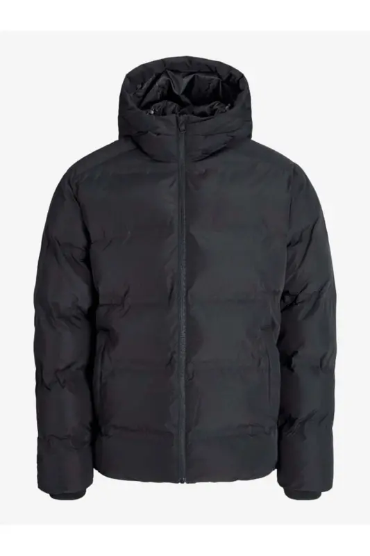 Puffer Jacket Hooded Cold Proof Black Men's Polyester Padded Double Pocket Puffer Coat - Black-Soho - 2