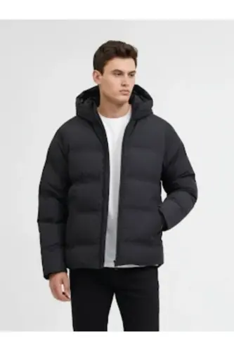 Puffer Jacket Hooded Cold Proof Black Men's Polyester Padded Double Pocket Puffer Coat - Black-Soho - 5
