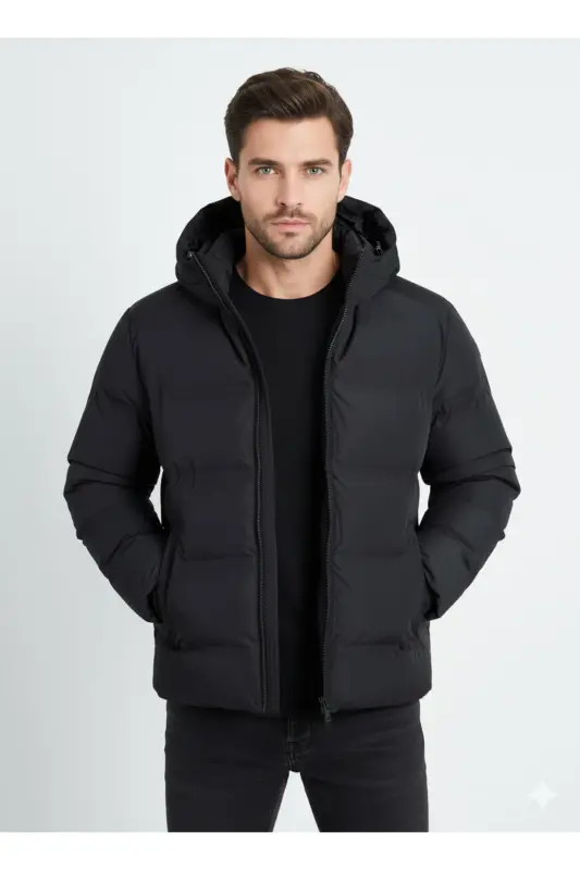Puffer Jacket Kapüşonlu Soğuk Geçirmez Siyah Erkek Polyester Dolgulu Çift Cepli Şişme Mont - Black-Soho - 1