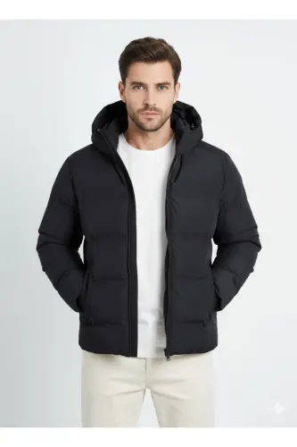 Puffer Jacket Kapüşonlu Soğuk Geçirmez Siyah Erkek Polyester Dolgulu Çift Cepli Şişme Mont - Black-Soho - 3