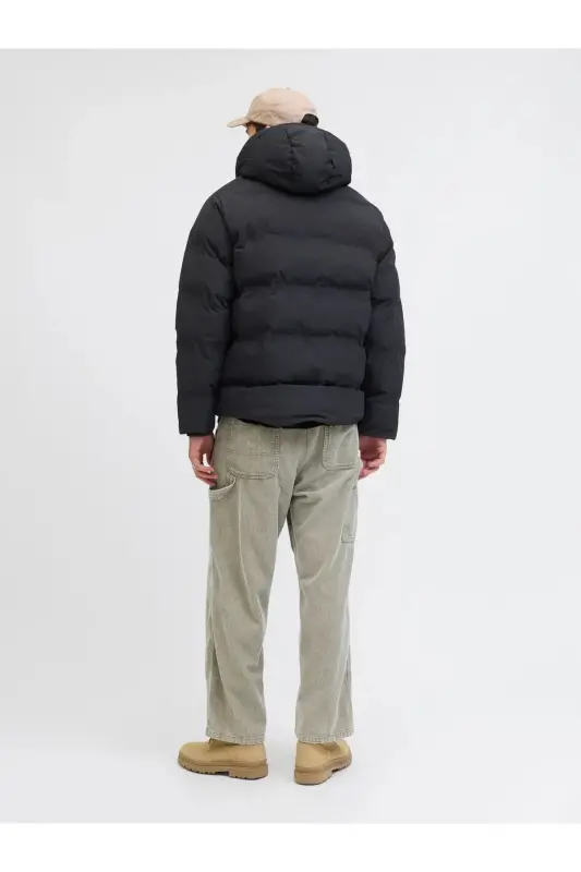 Puffer Jacket Kapüşonlu Soğuk Geçirmez Siyah Erkek Polyester Dolgulu Çift Cepli Şişme Mont - Black-Soho - 6