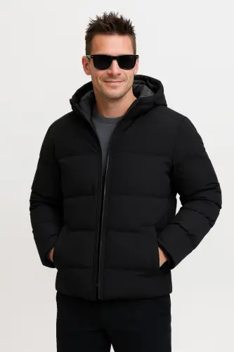 Puffer Jacket Kapüşonlu Soğuk Geçirmez Siyah Erkek Polyester Dolgulu Çift Cepli Şişme Mont - Black-Soho - 7
