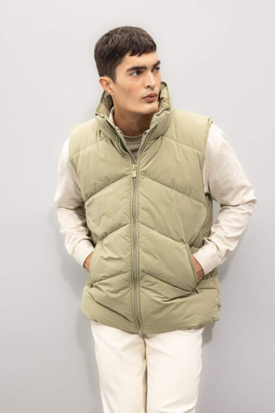 Puffer Vest Stand Collar Zippered Pockets Quilted Khaki - 1