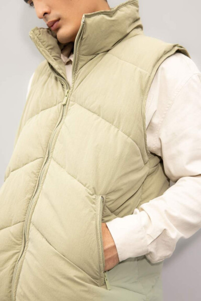 Puffer Vest Stand Collar Zippered Pockets Quilted Khaki - 3