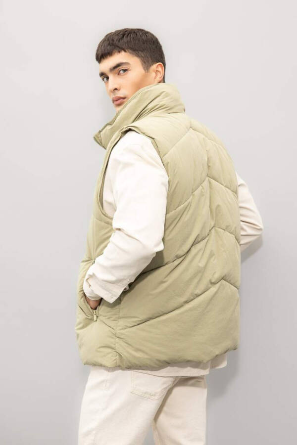 Puffer Vest Stand Collar Zippered Pockets Quilted Khaki - 4