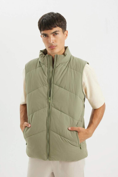 Puffer Vest Stand Collar Zippered Pockets Quilted Khaki - 5