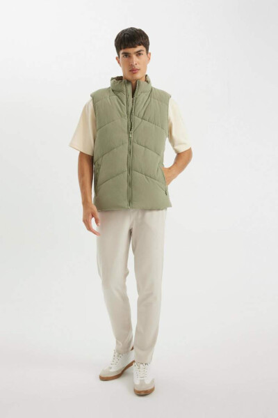 Puffer Vest Stand Collar Zippered Pockets Quilted Khaki - 6