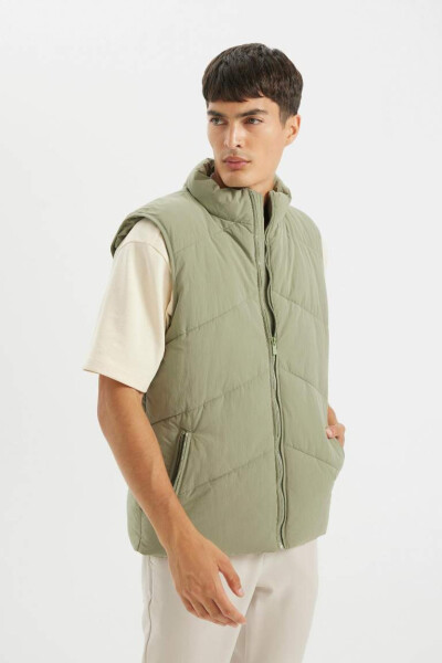 Puffer Vest Stand Collar Zippered Pockets Quilted Khaki - 7