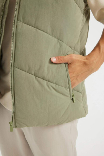 Puffer Vest Stand Collar Zippered Pockets Quilted Khaki - 9