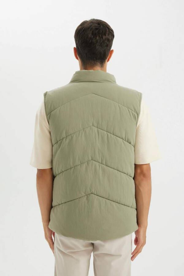 Puffer Vest Stand Collar Zippered Pockets Quilted Khaki - 10