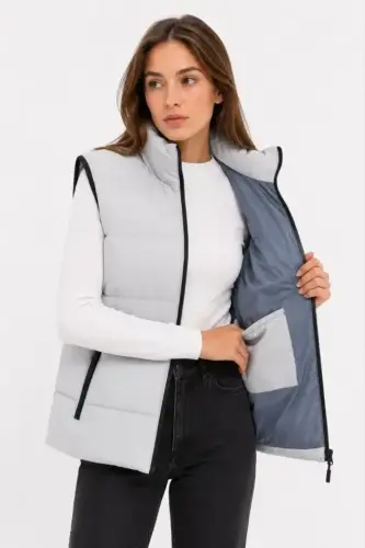 Puffer Vest Zippered Outer Pocket Inner Pocket Fiber Filled Lined Vest - Gray - BÜYÜKBEDENIZ (1)
