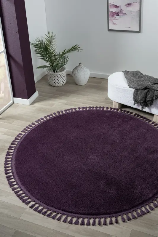 Puffy Lila Yuvarlak Saçaklı Peluş Halı Yumuşacık Yıkanabilir Kaymaz Taban Halı Salon Oturma Odası - Yuvarlak Lila - 1