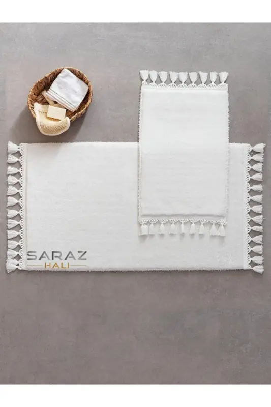 Puffy Banyo Paspas 2 Li Saçaklı Yıkanabilir Beyaz - Beyaz - SARAZ HALI