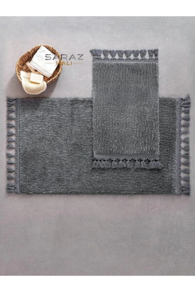 Puffy Bath Mat 2-Piece Fringed Washable Anthracite - SARAZ HALI