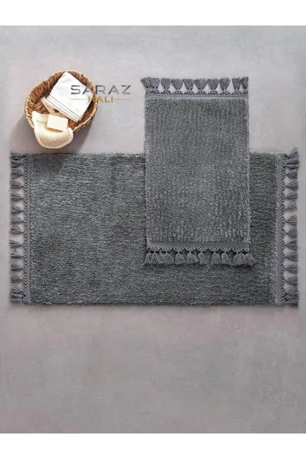 Puffy Bath Mat 2-Piece Fringed Washable Anthracite - 1