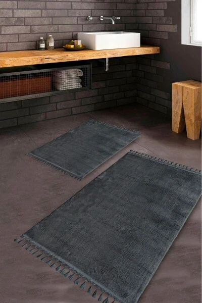 Puffy Bath Mat 2-Piece Fringed Washable Anthracite - SARAZ HALI (1)