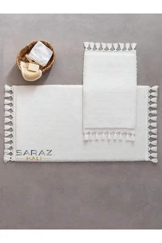 Puffy Bath Mat Set of 2 Fringed Washable White-White - 1