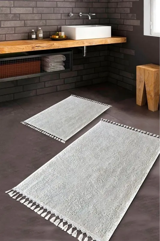 Puffy Bath Mat Set of 2 Fringed Washable White-White - 2
