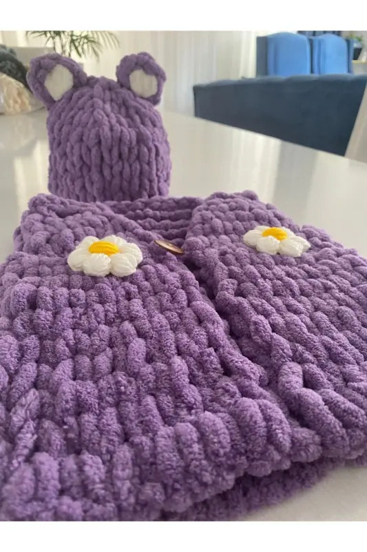 Puffy Çiçekli Bebek Yelek bere - Mor - 1