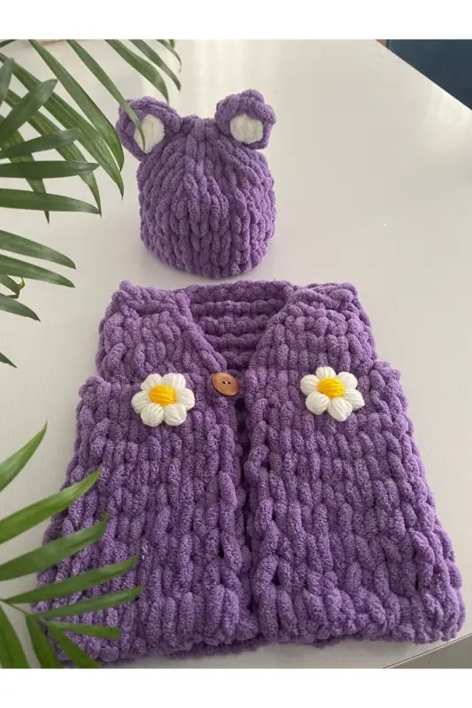 Puffy Çiçekli Bebek Yelek bere - Mor - 2