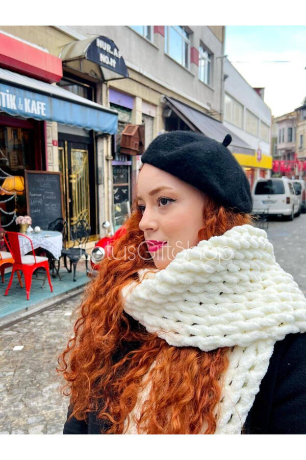 Puffy Cream Cable Knit Scarf, Thermal Plush Scarf - 5