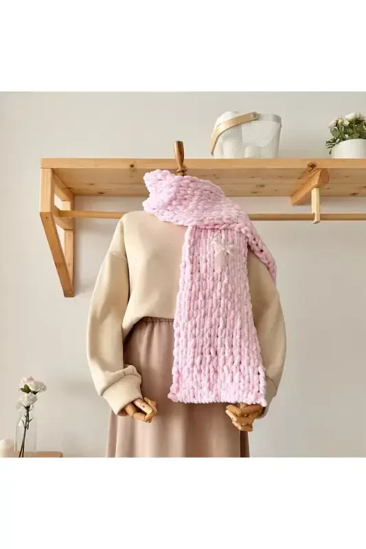 Puffy Hand Knitted Scarf-dusty rose - 1