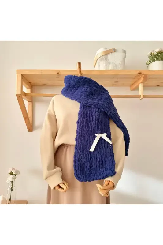 Puffy Hand Knitted Scarf-navy blue - 1