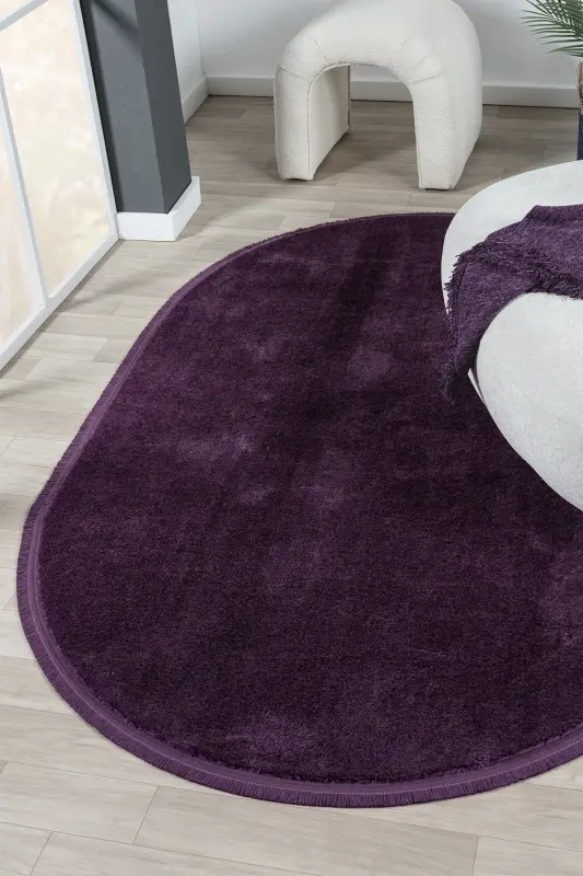 Puffy Lila Düz Saçaklı Peluş Yumuşacık Yıkanabilir Kaymaz Taban Halı Salon Oturma Odası Koridor-Lila Oval Düz Saçaklı - LİNOS HOME