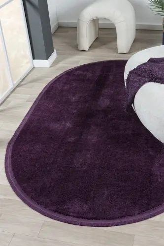 Puffy Lila Düz Saçaklı Peluş Yumuşacık Yıkanabilir Kaymaz Taban Halı Salon Oturma Odası Koridor - Lila Oval Düz Saçaklı - 1