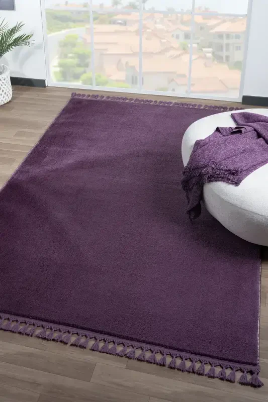 Puffy Lila Örgü Saçaklı Peluş Yumuşacık Yıkanabilir Kaymaz Taban Halı Salon Oturma Odası Koridor-Lila - LİNOS HOME