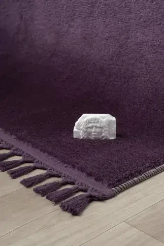 Puffy Lila Örgü Saçaklı Peluş Yumuşacık Yıkanabilir Kaymaz Taban Halı Salon Oturma Odası Koridor-Lila - LİNOS HOME (1)