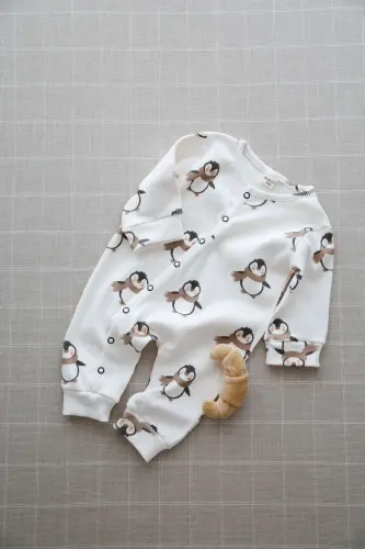 Puffy Penguen Desenli Organik Kaşkorse Bebek Tulum-Lacivert - 3