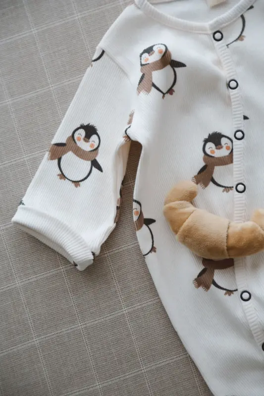 Puffy Penguen Desenli Organik Kaşkorse Bebek Tulum-Lacivert - 6