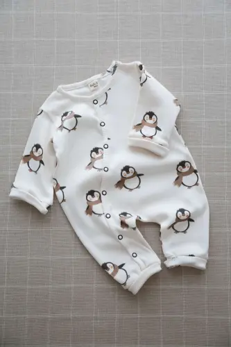 Puffy Penguen Desenli Organik Kaşkorse Bebek Tulum - Lacivert - 1