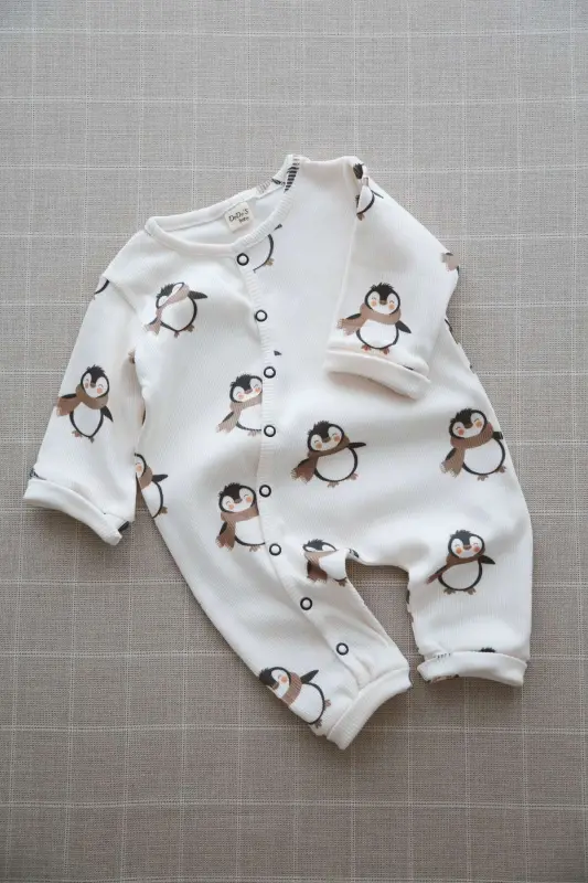 Puffy Penguen Desenli Organik Kaşkorse Bebek Tulum - Lacivert - 1