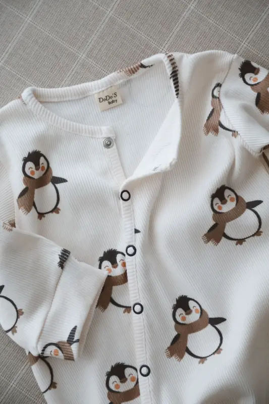 Puffy Penguen Desenli Organik Kaşkorse Bebek Tulum - Lacivert - 2