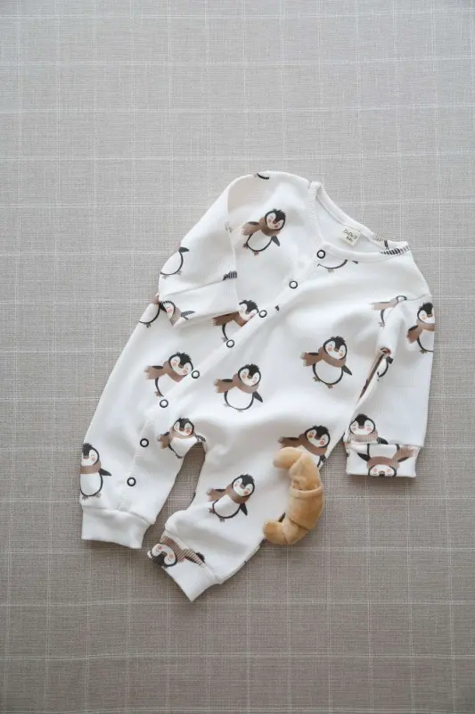 Puffy Penguen Desenli Organik Kaşkorse Bebek Tulum - Lacivert - 3
