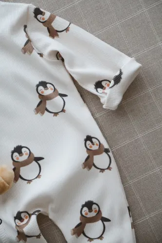Puffy Penguen Desenli Organik Kaşkorse Bebek Tulum - Lacivert - 4