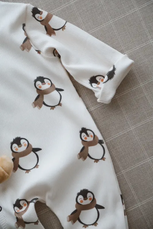 Puffy Penguen Desenli Organik Kaşkorse Bebek Tulum - Lacivert - 4