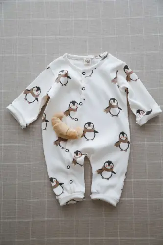 Puffy Penguen Desenli Organik Kaşkorse Bebek Tulum - Lacivert - 5