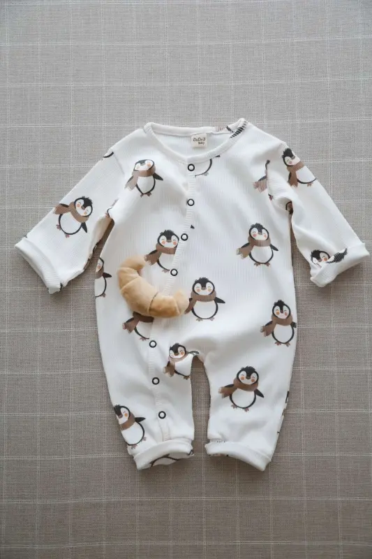 Puffy Penguen Desenli Organik Kaşkorse Bebek Tulum - Lacivert - 5