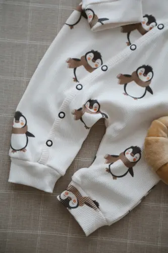 Puffy Penguen Desenli Organik Kaşkorse Bebek Tulum - Lacivert - 7